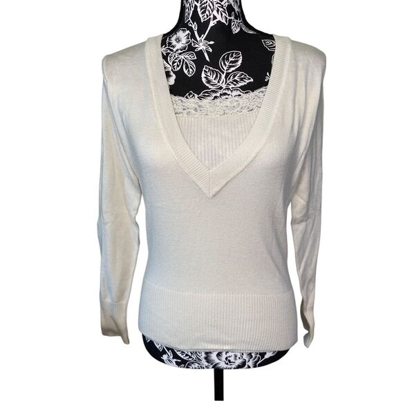 Knit Pullover Sweater Lace Panel Winter School Workwear Office Lightweight - Picture 1 of 11